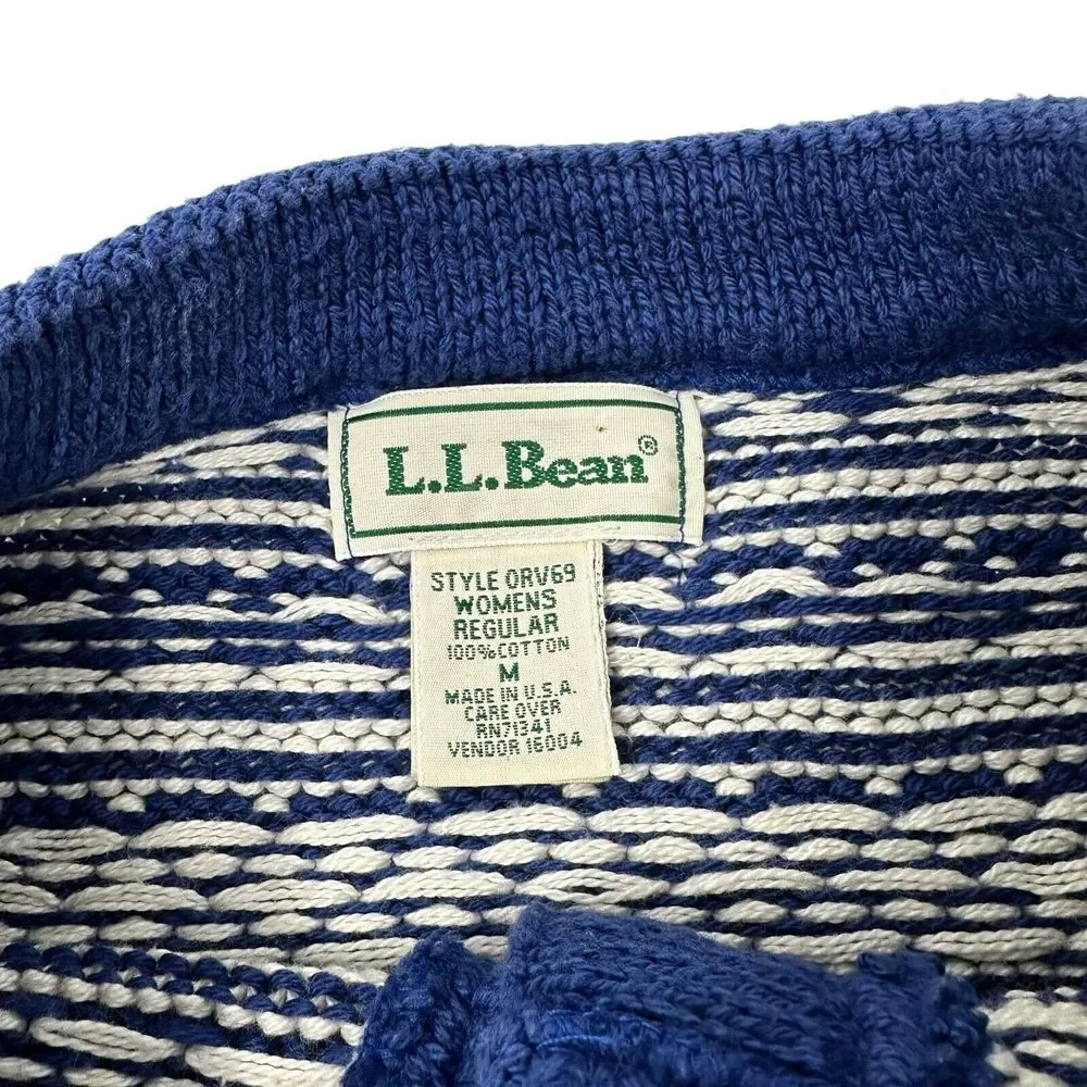 LL Bean Women's Blue White Fair Isle Cotton Crewneck 3 Button Sweater Medium - Picture 6 of 13